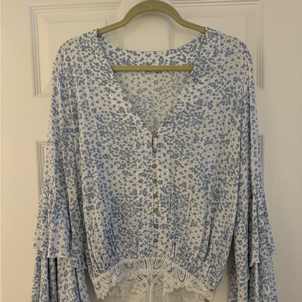 Free people blue and white floral top/bodysuit